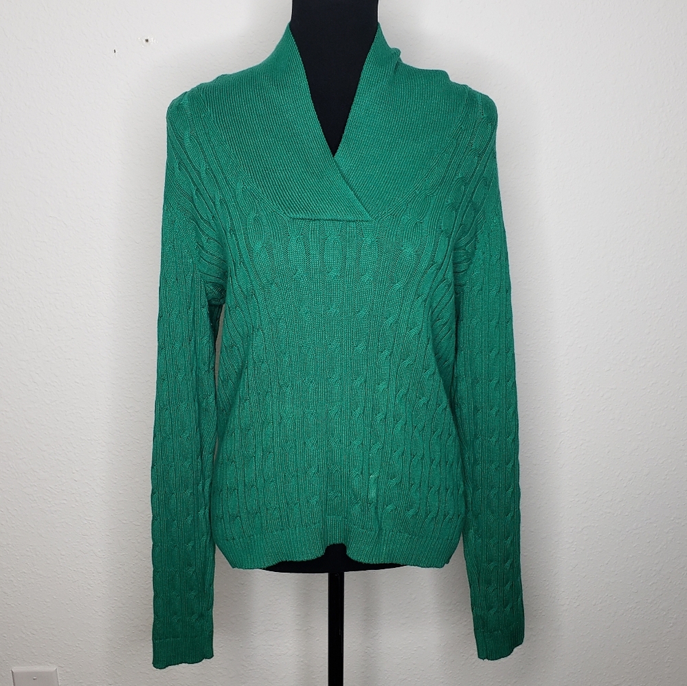 Charter Club Cotton Cable Chunky Knit Shawl Neck Sweatshirt Size L Preppy Green